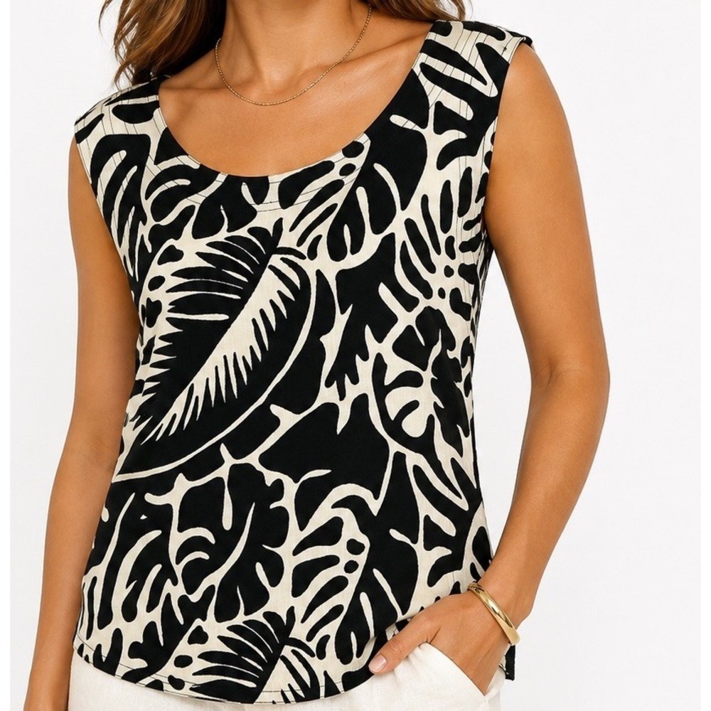 Rose & Olive Apron Top L Black Cream Criss Cross Back Coastal Resort